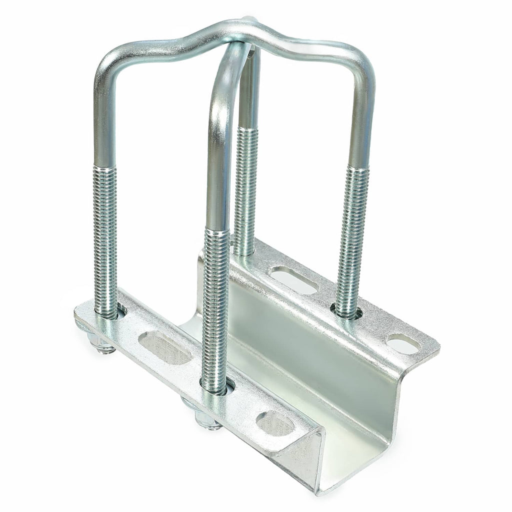 Silver adjustable bunk board guide clamp with U-bolts and base mounting plate