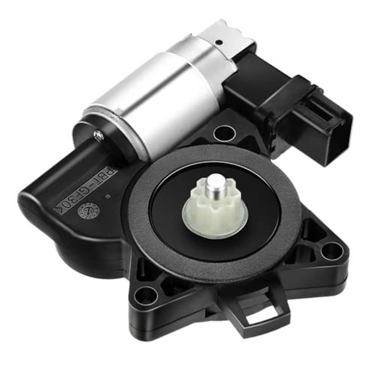 Power window lift motor assembly with black regulator housing and silver motor body