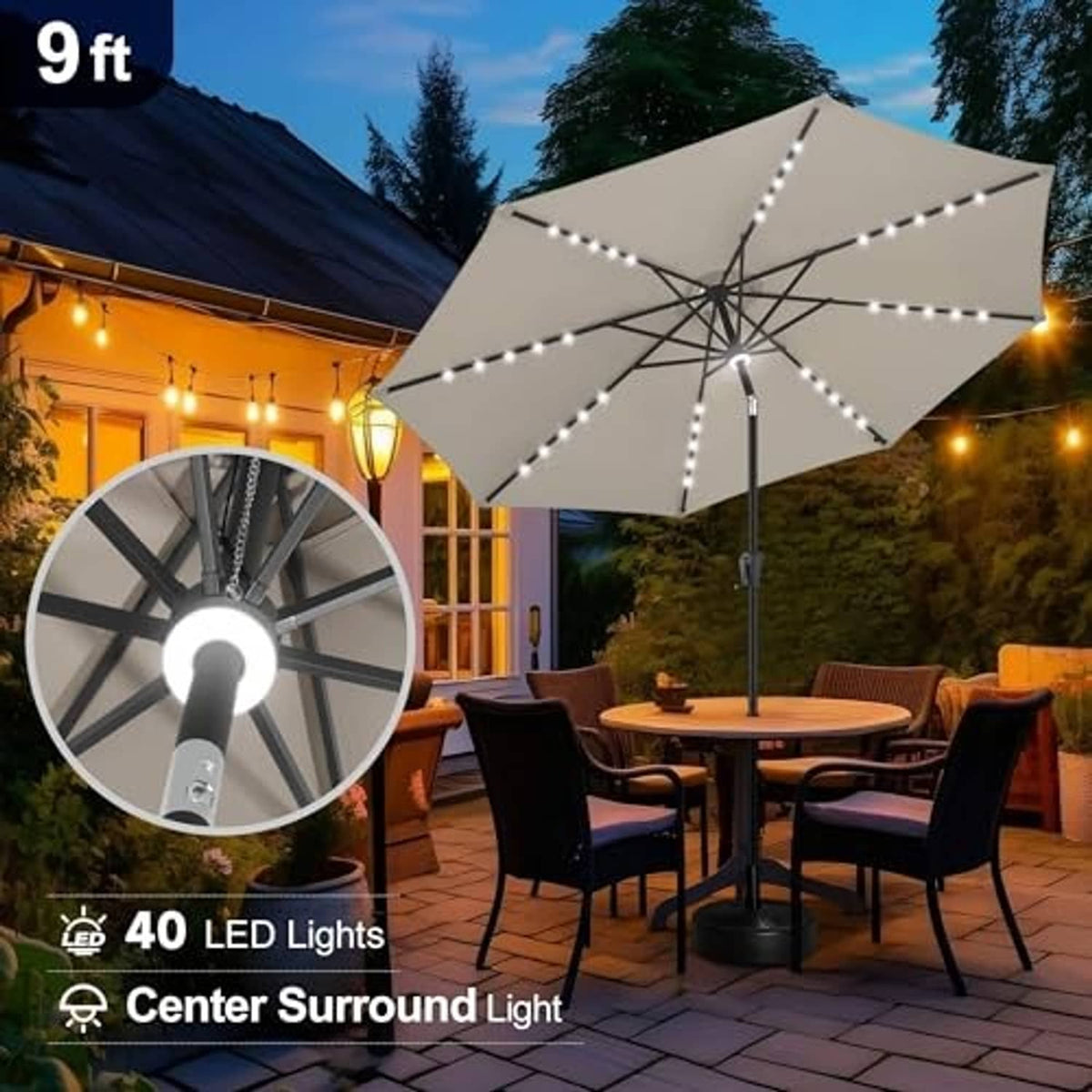 Taupe 9 ft patio umbrella with center surround LED lights above outdoor seating