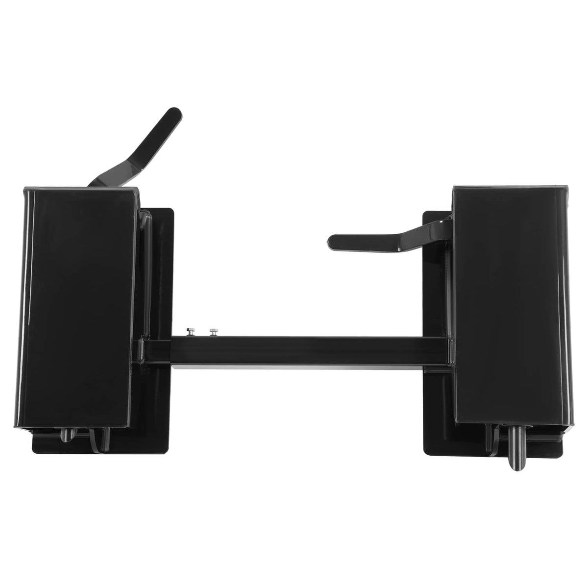 Black quick-tach adapter showing side brackets, pivot arms, and center bar