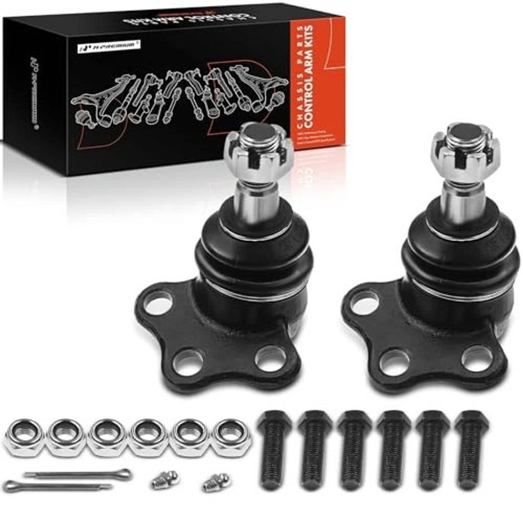 Front upper ball joints set with black dust boots, chrome studs, and included hardware