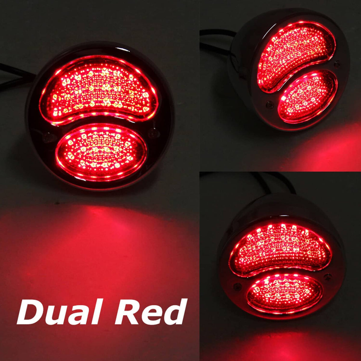 Dual red LED tail lights glowing in round chrome housings with wiring, side view (pair)