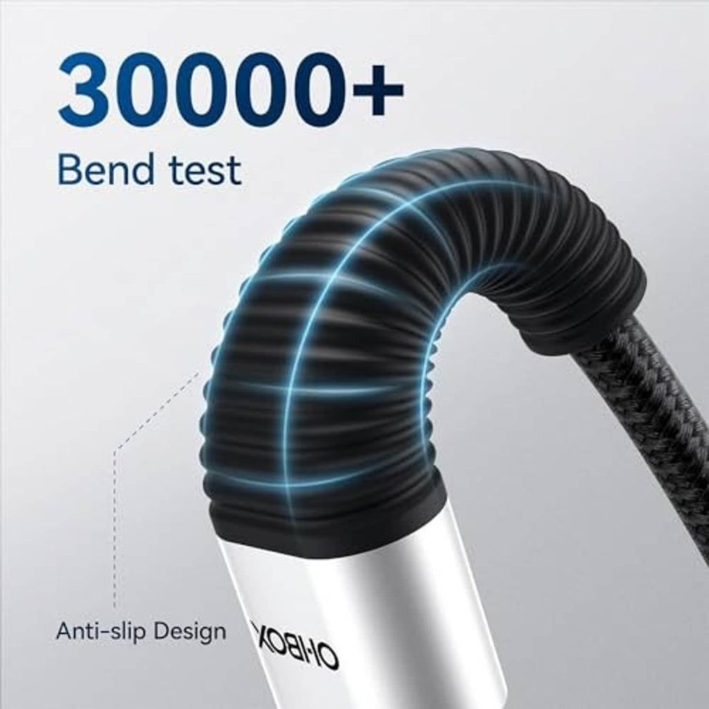 Black braided USB-C to USB-C cable with anti-slip bend-tested strain relief section.