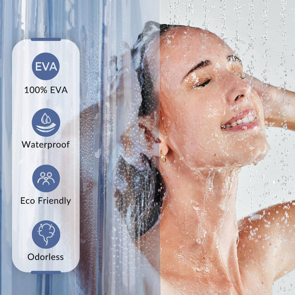 Blue waterproof EVA shower curtain with water-beading surface and smooth curtain edge.