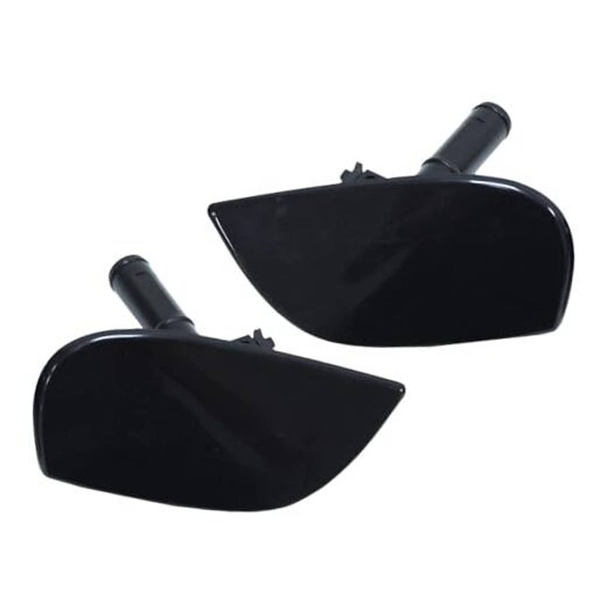 Pair of black headlight washer spray nozzle caps, left and right, with spray stems