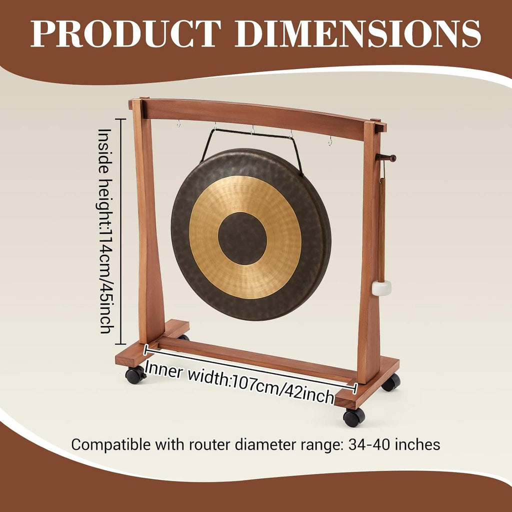 Wood gong chime stand with gong, caster wheels, rectangular frame and side support