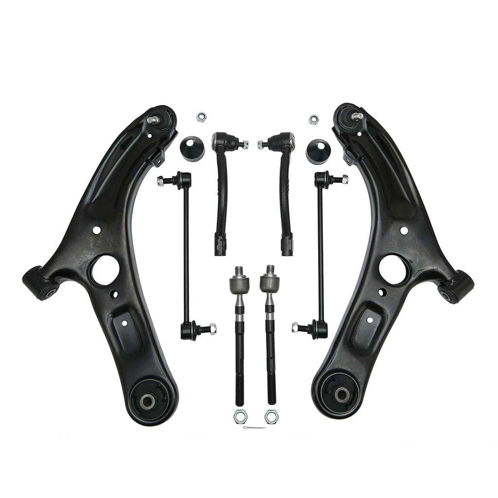 Two black control arms and link rods set with ball joints and mounting hardware