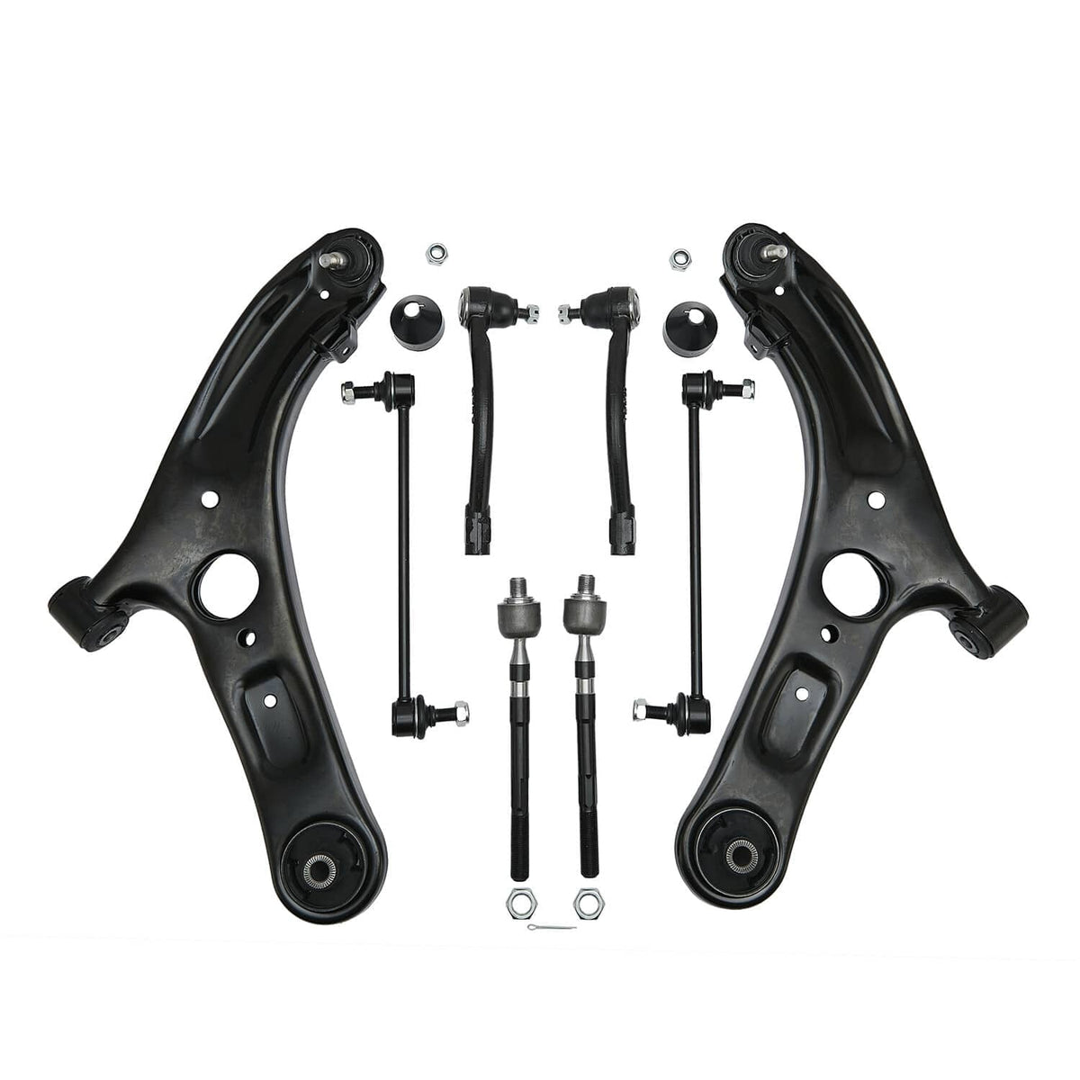 Two black control arms and link rods set with ball joints and mounting hardware
