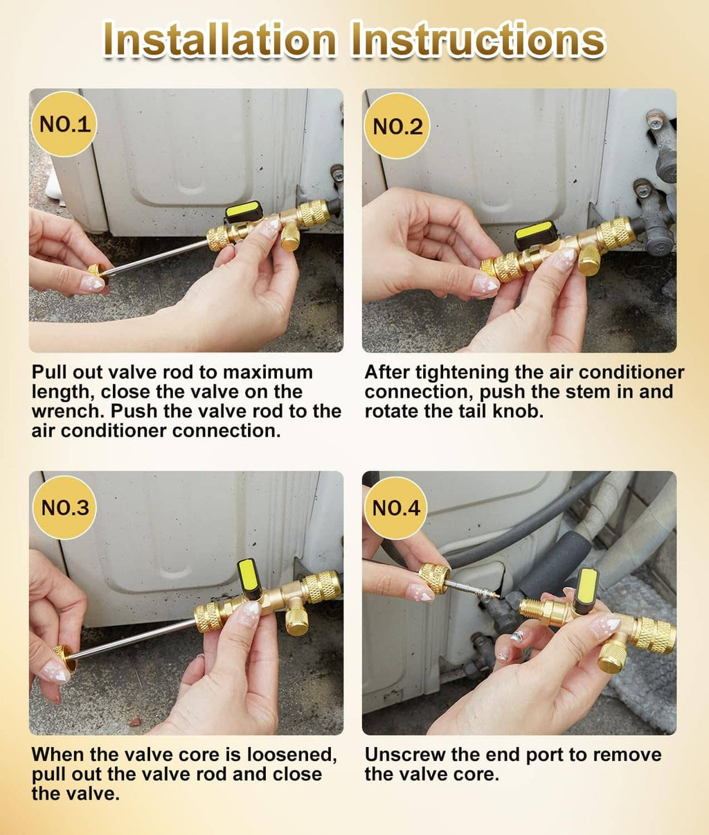 Brass valve core removal tool with black lever cap connected to a valve port