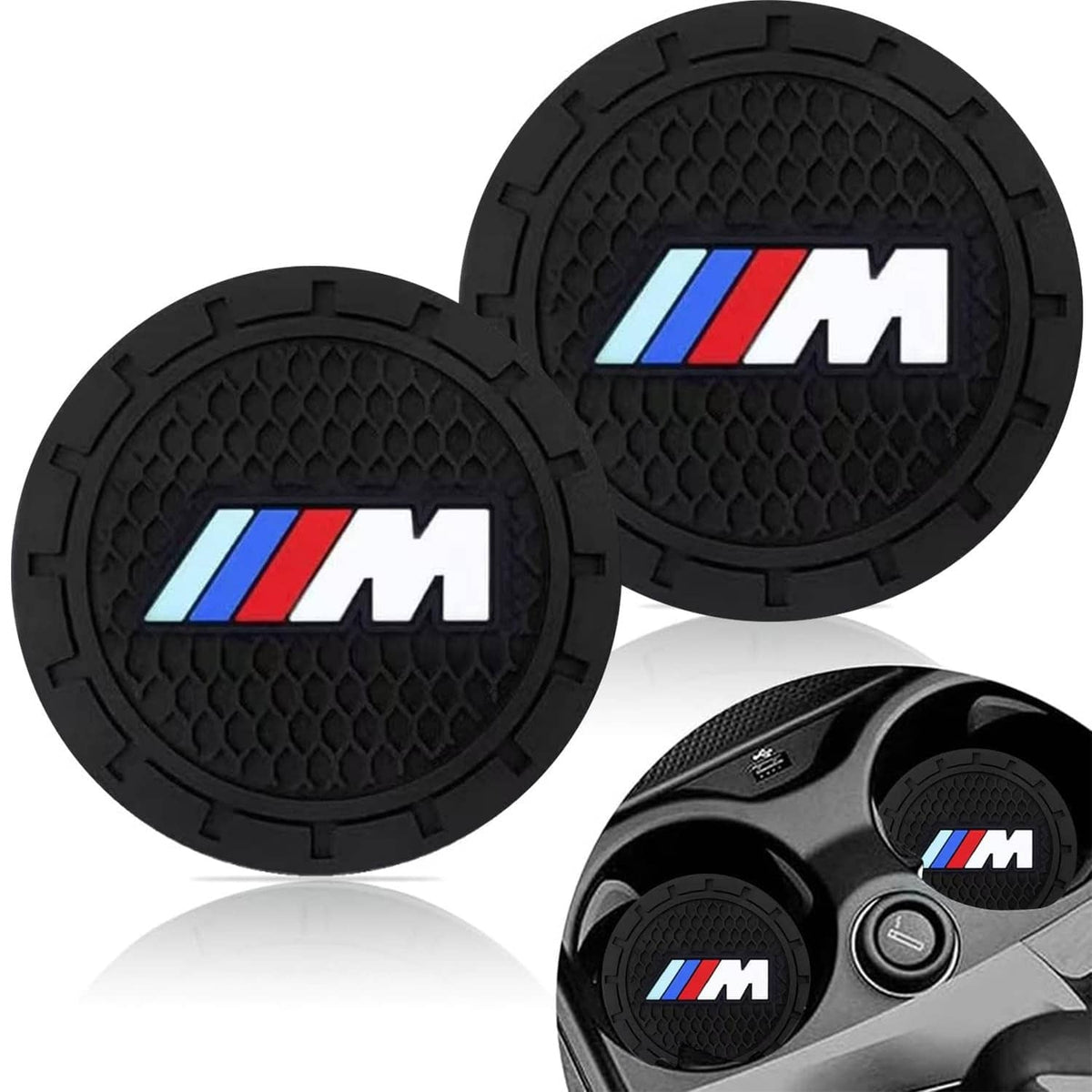 Two black round cup holder coasters with raised pattern and BMW M logo; close-up angle