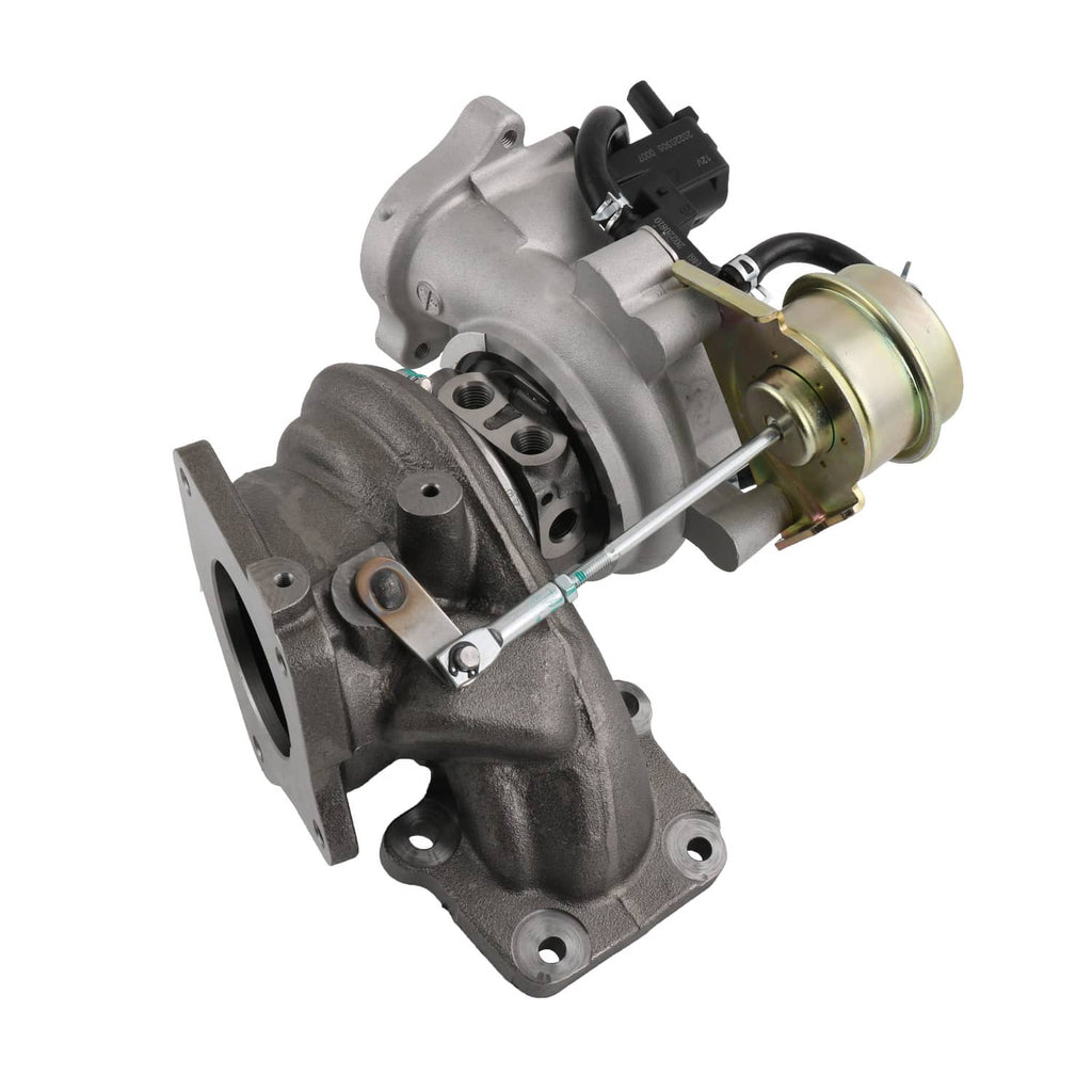 Turbocharger assembly with black core housing, silver turbine housing, and linkage