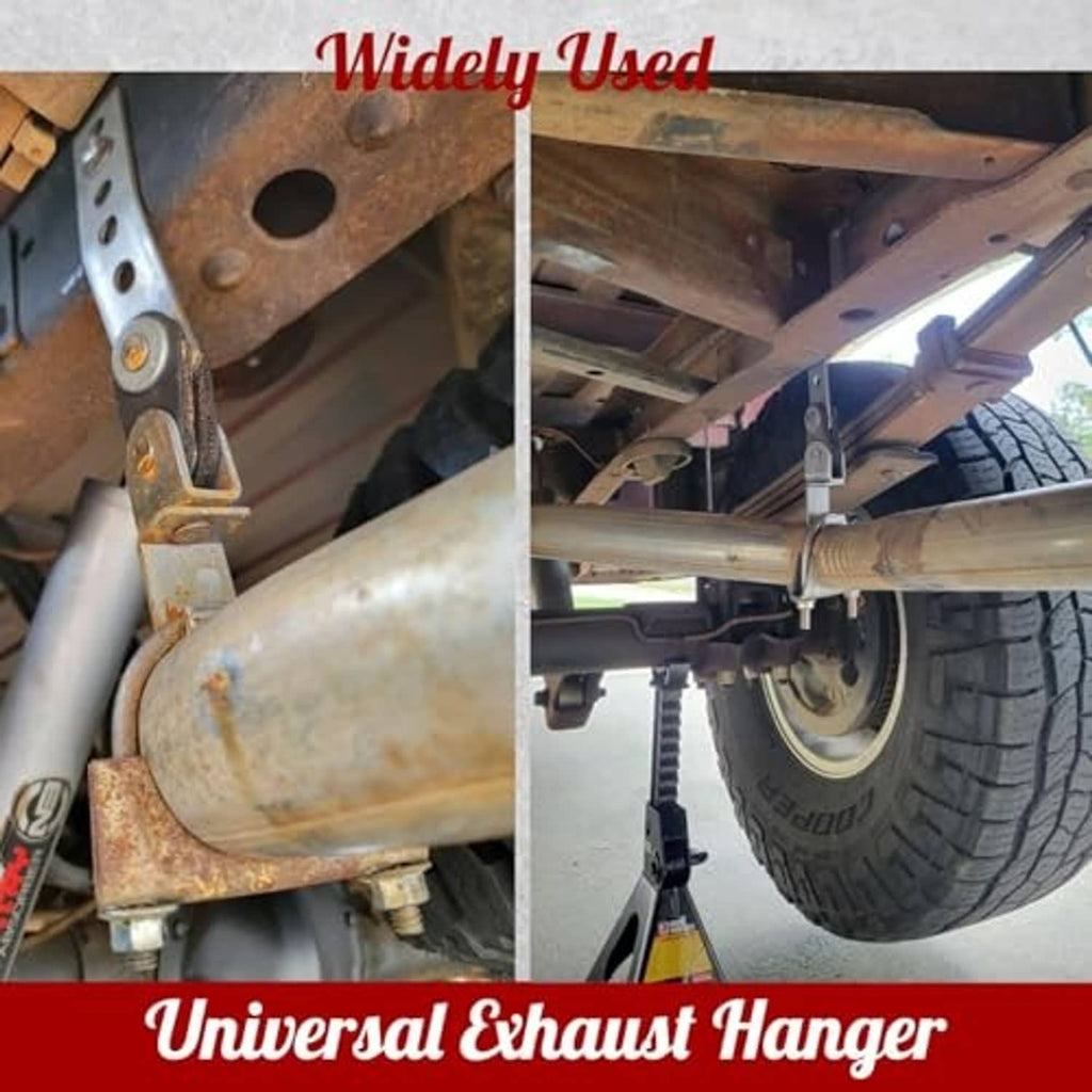 Universal exhaust hanger installed on an undercarriage, holding an exhaust pipe with rubber