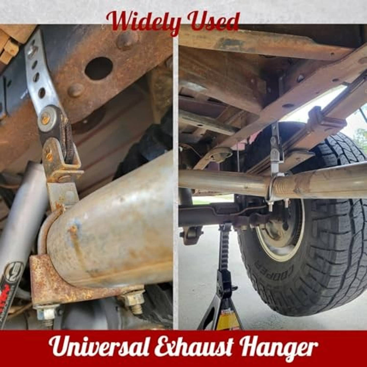 Universal exhaust hanger installed on an undercarriage, holding an exhaust pipe with rubber