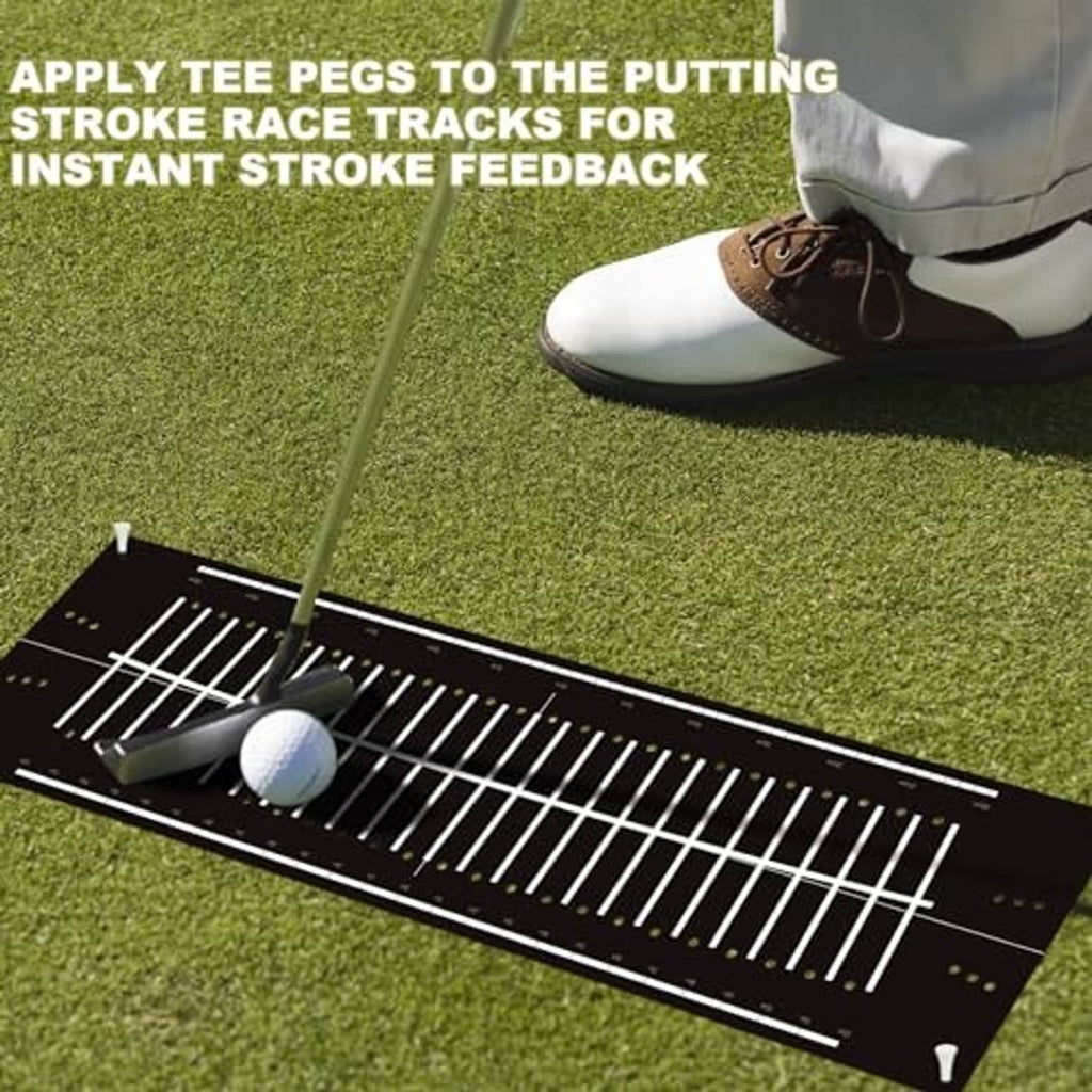 Black putting mat with tee pegs inserted and white alignment stripe grid