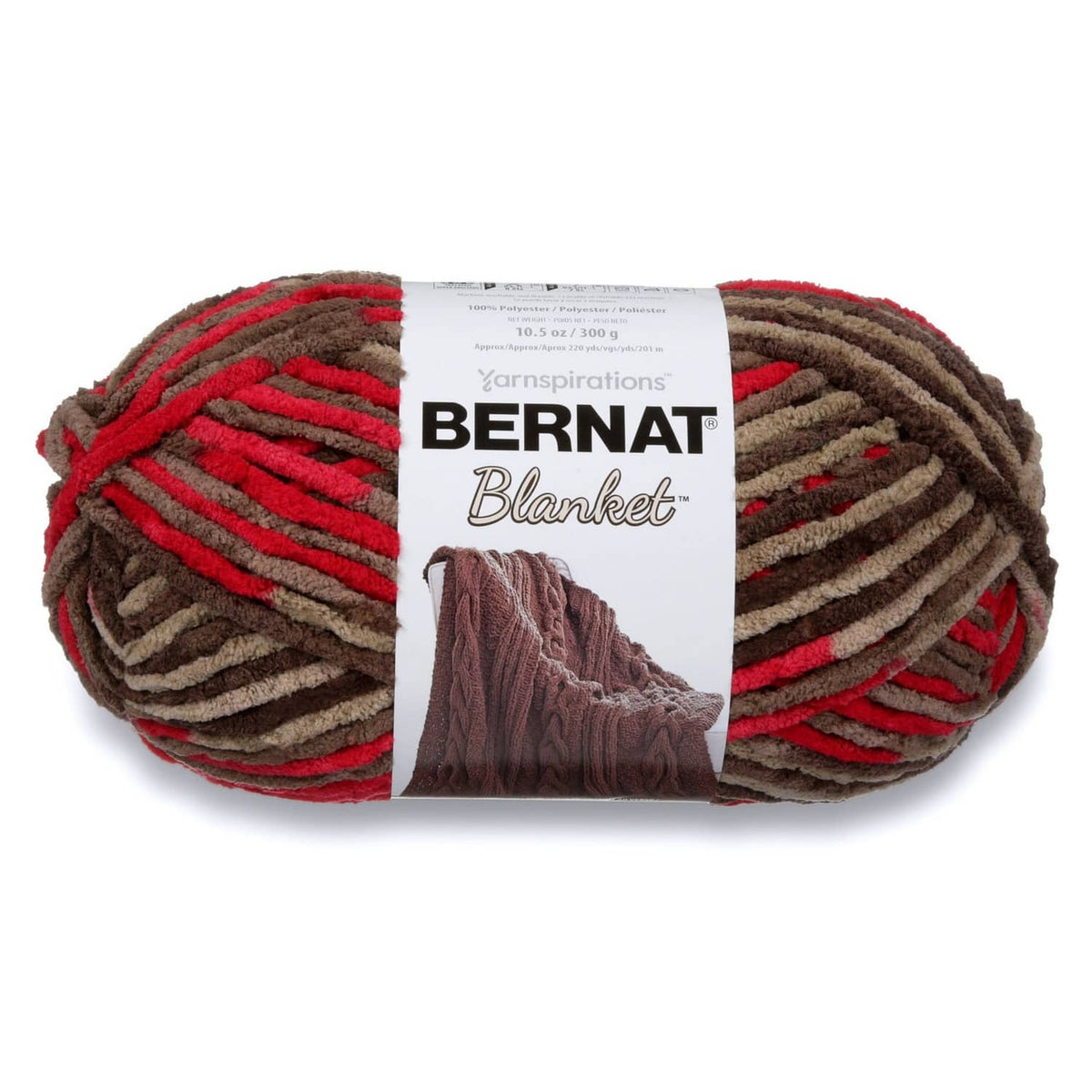 Striped super bulky blanket yarn skein in raspberry red, gray, and brown tones