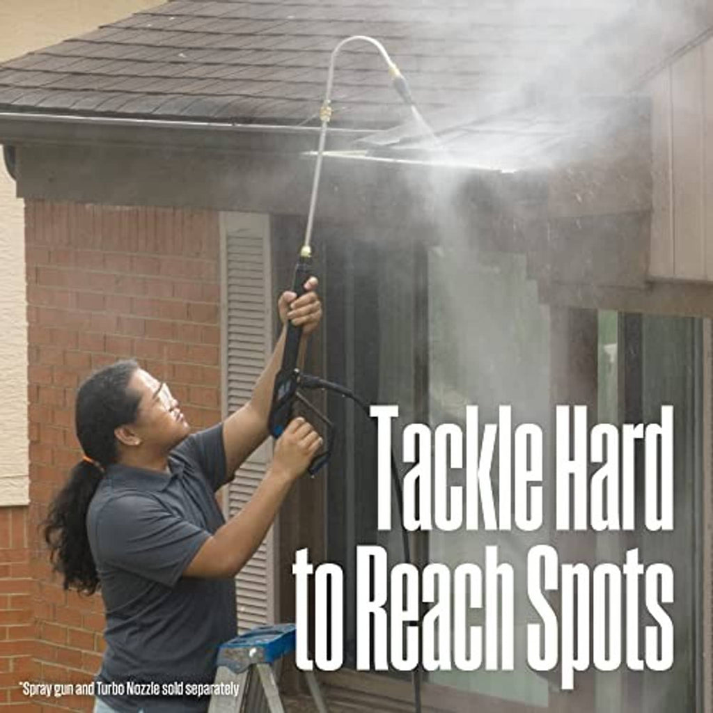 Gutter-cleaning pressure washer wand spraying along roof edge from handheld grip