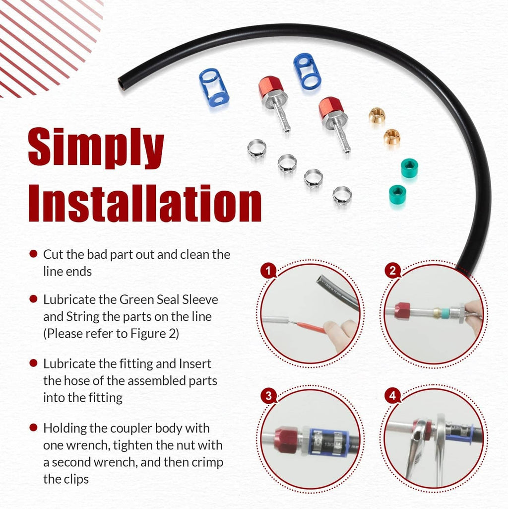A/C line splice kit parts and four-step install guide with green sleeves and fittings