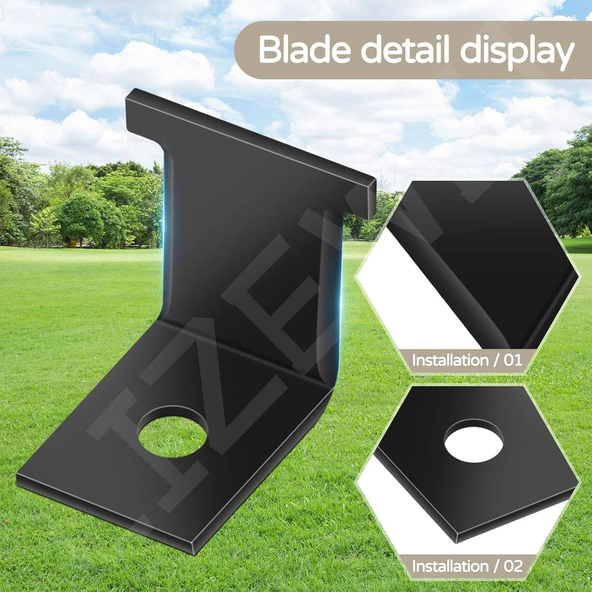 Blade detail display: two black string trimmer line cut-off blade holders with round holes