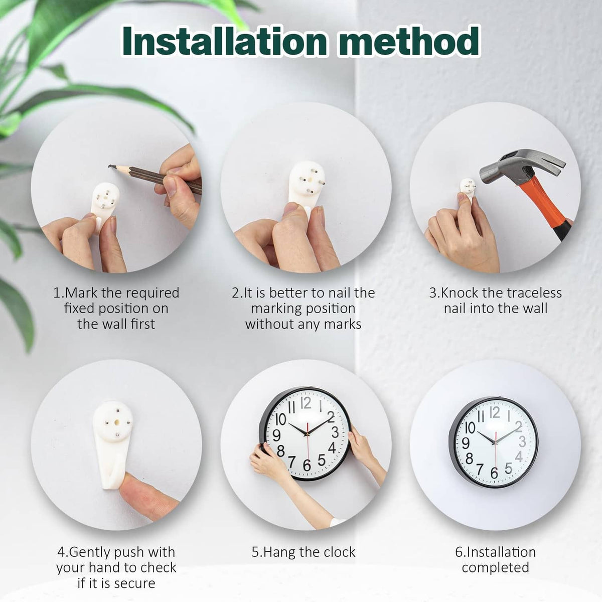 Wall clock installation steps with clock mounted on wall and battery access shown