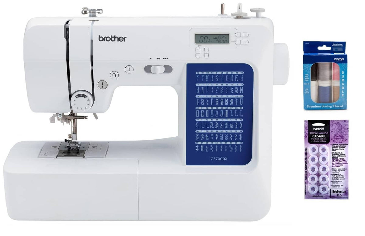 White computerized sewing machine with LCD stitch display and button controls