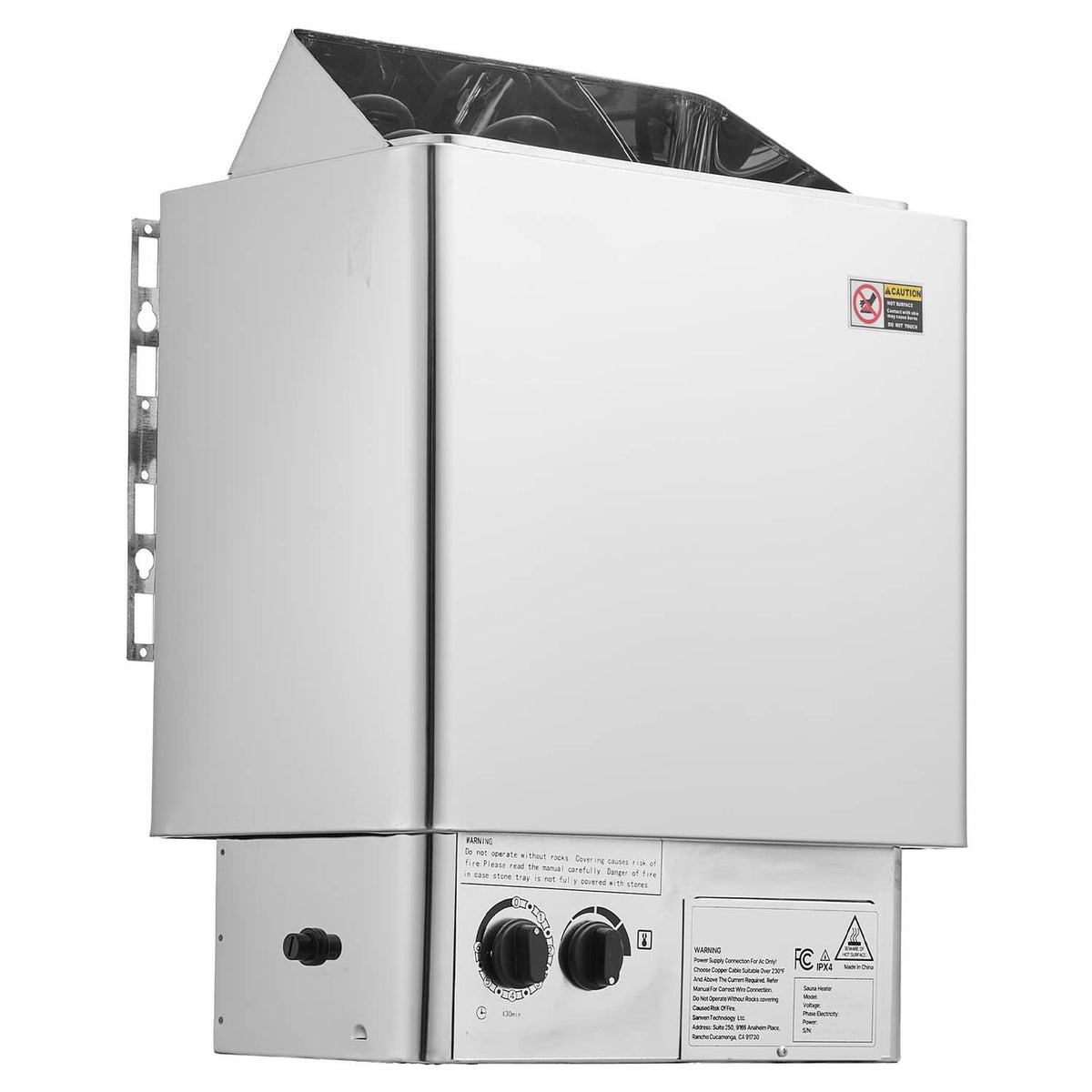 Stainless steel electric sauna heater with open top and front control knobs