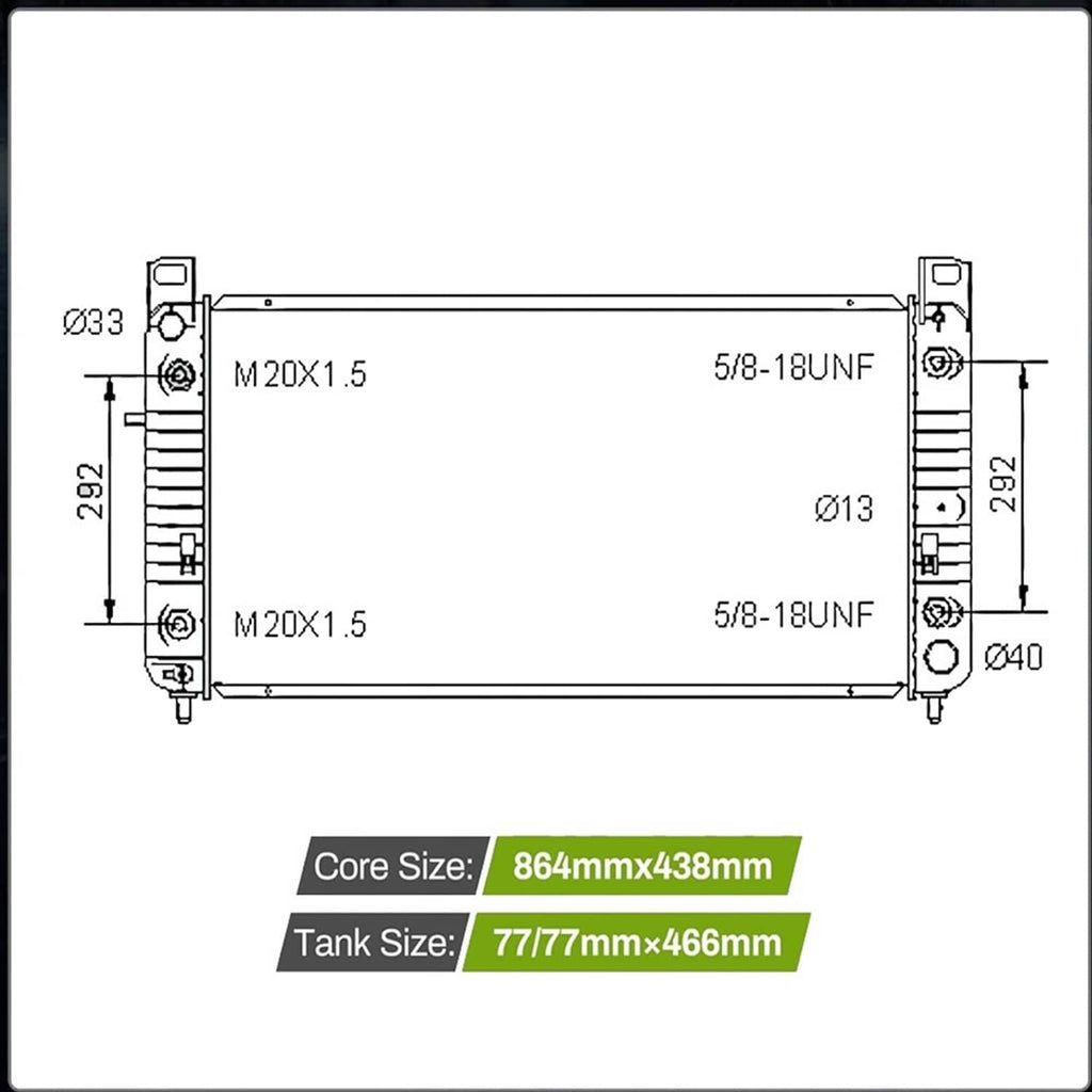 34-inch radiator dimensions diagram with core size and tank size measurements