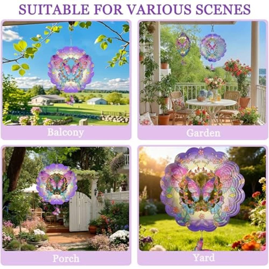 Butterfly wind spinner with purple rosette and multicolor wings displayed outdoors