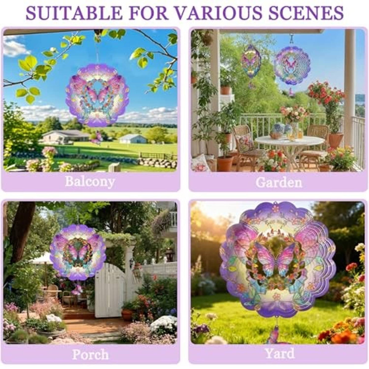 Butterfly wind spinner with purple rosette and multicolor wings displayed outdoors