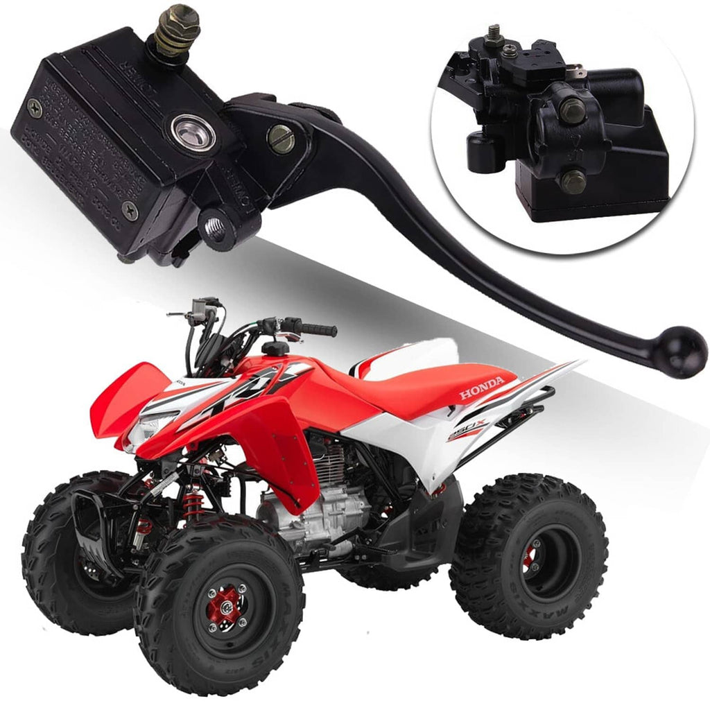 ATV brake master cylinder with black lever and mounting bracket, close-up