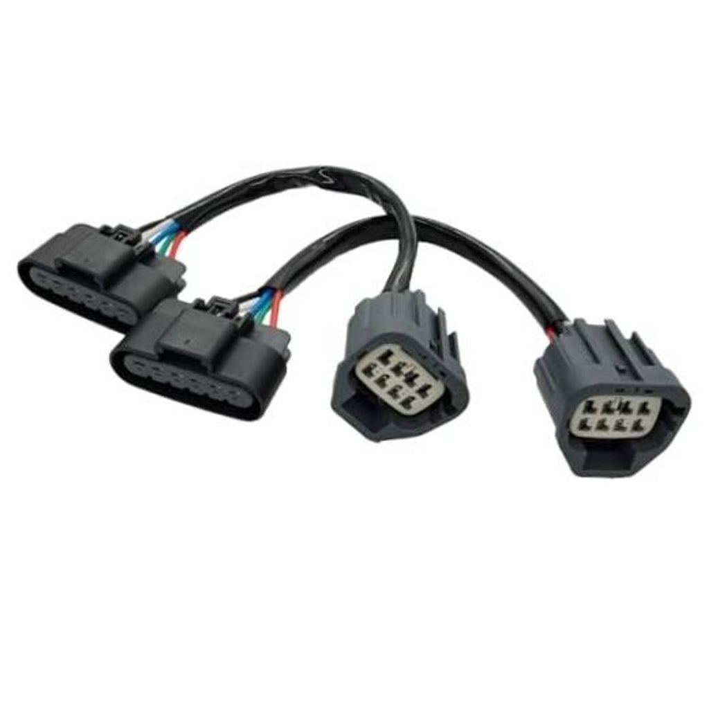 Headlight adapter wiring harness with 8-pin and 6-pin multi-plug connectors, colored wire leads
