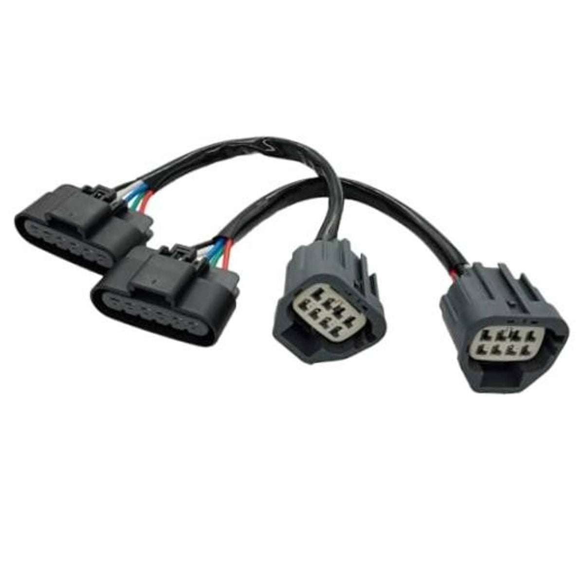 Headlight adapter wiring harness with 8-pin and 6-pin multi-plug connectors, colored wire leads