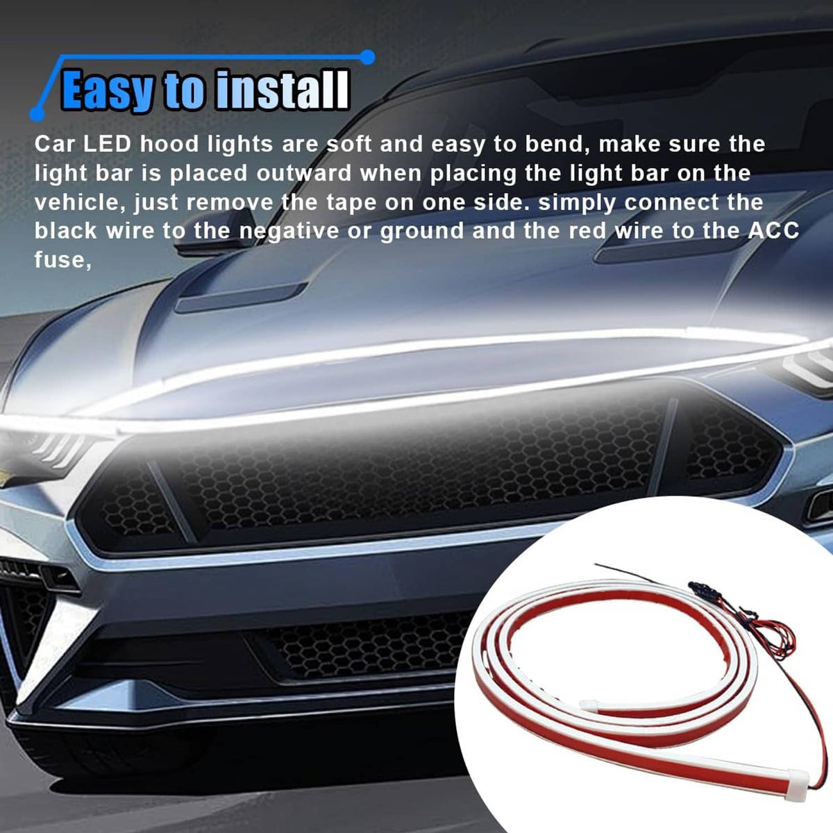 White LED hood light strip near front grille, bright glow