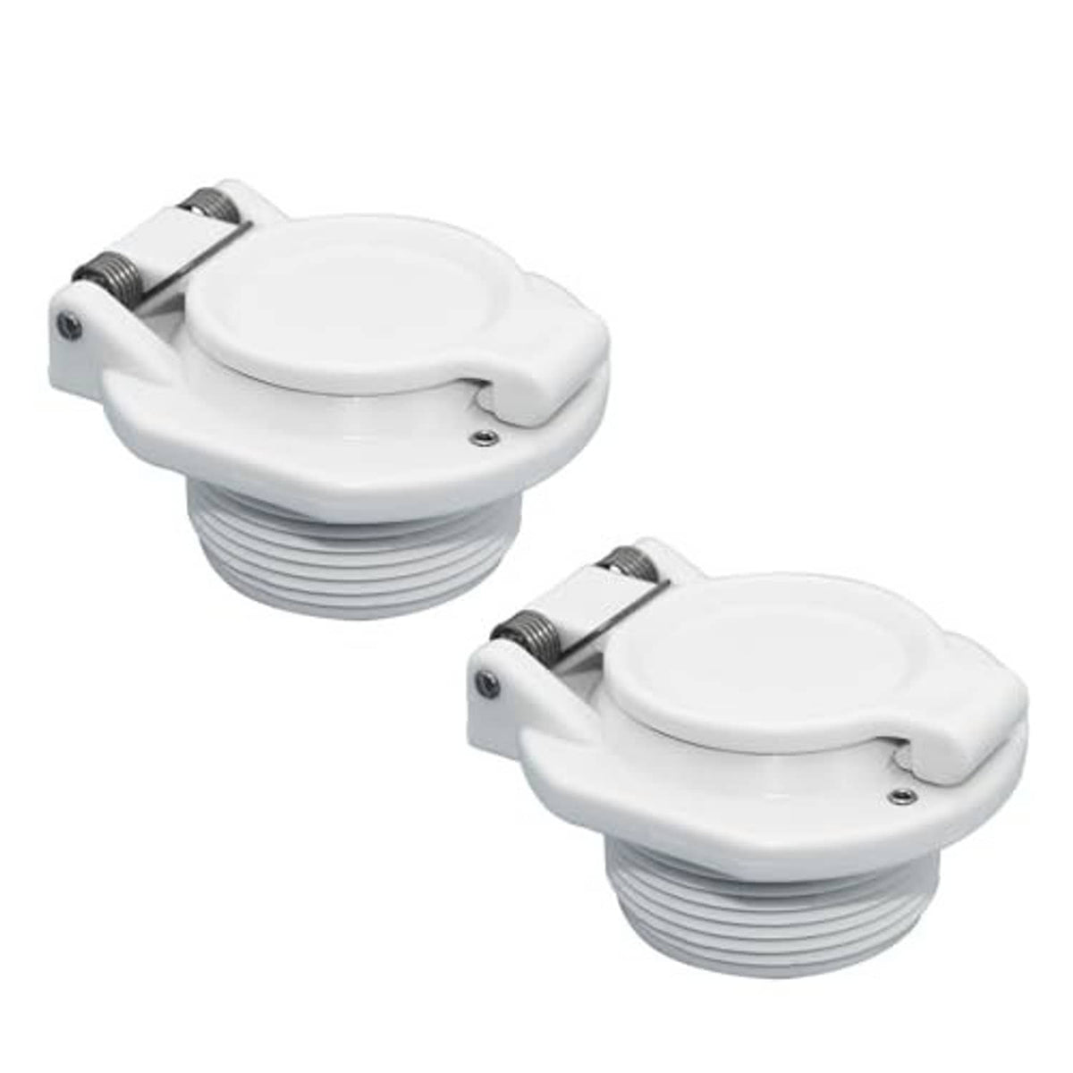 Pair of white pool vacuum safety lock caps with spring coil bases and screw mounts