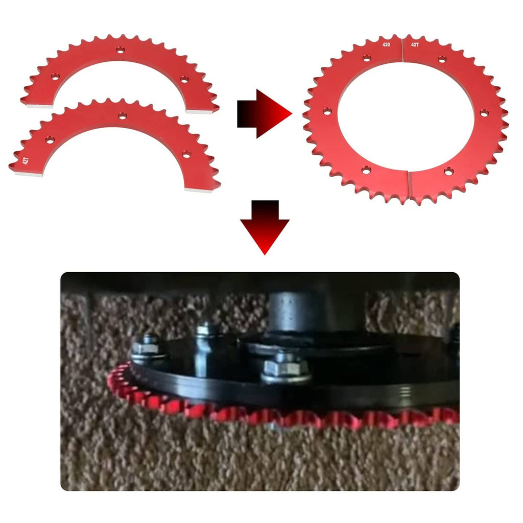 Red 42T split sprocket halves with close-up of teeth and installation