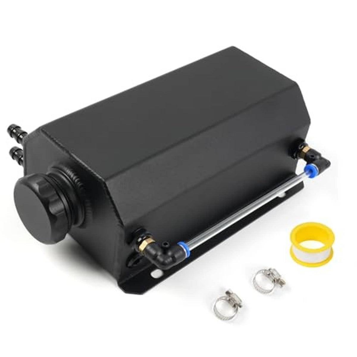 Black aluminum coolant overflow tank with hose fittings, blue tube, and included O-ring cap