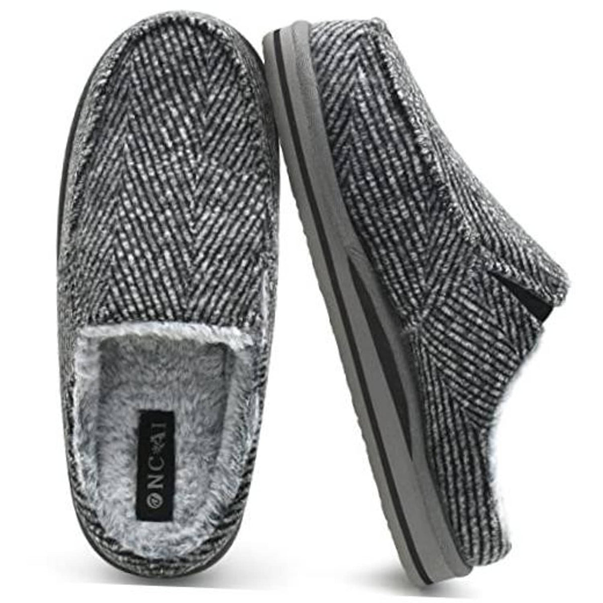 Mens grey herringbone clog slippers with faux-fur lining and slip-on design