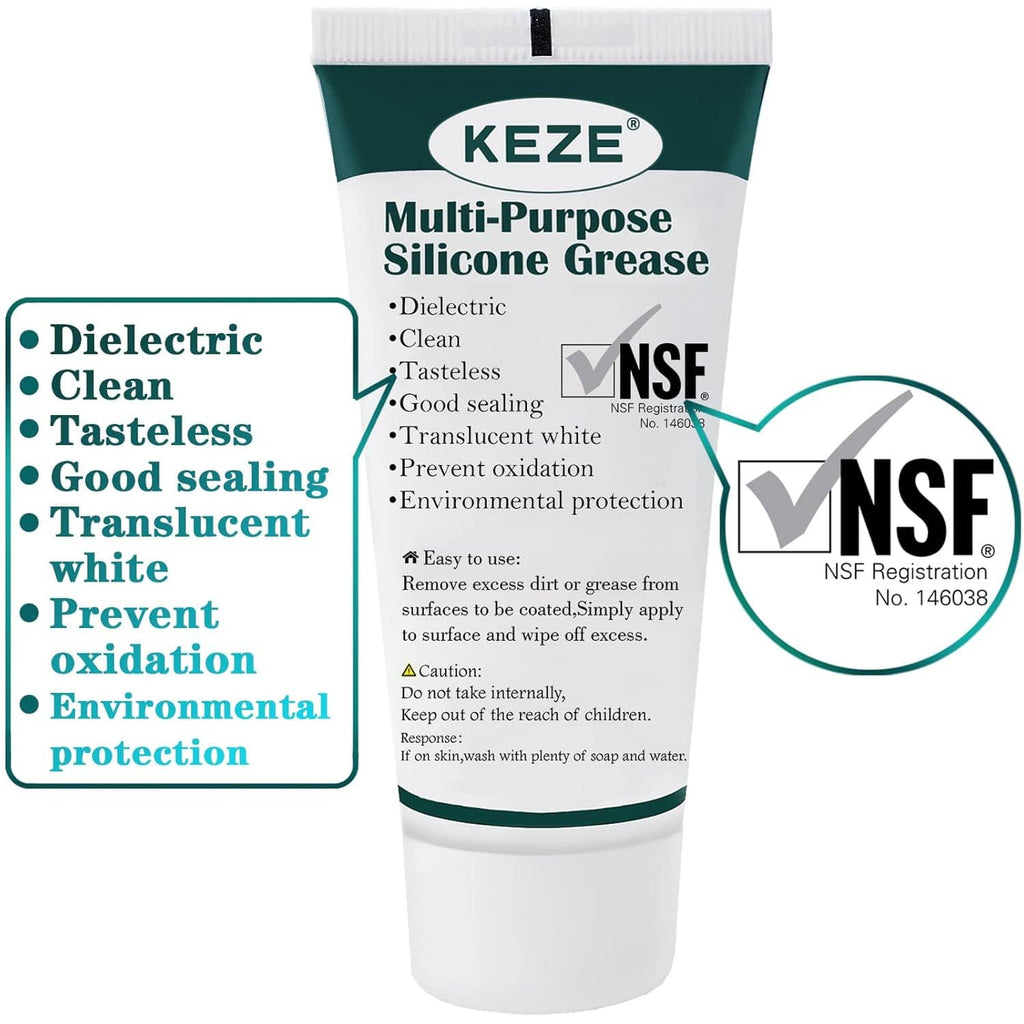 KEZE silicone grease tube with NSF seal and dielectric sealing callouts, white with green band