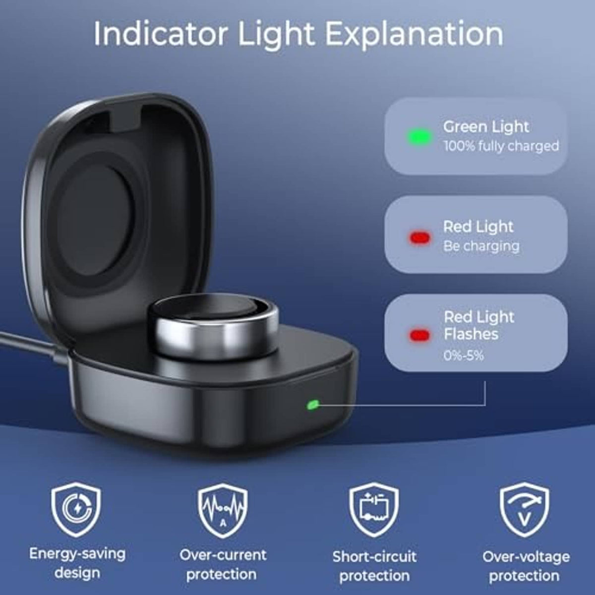 Black wireless charging case with lit status indicator and metal charging dock