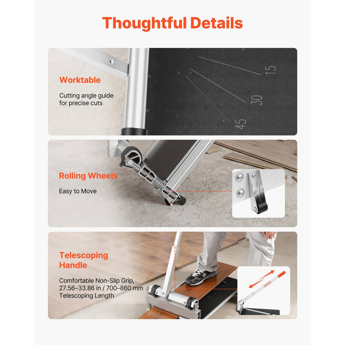 Vinyl floor cutter details: cutting guide, rolling wheels, and telescoping handle