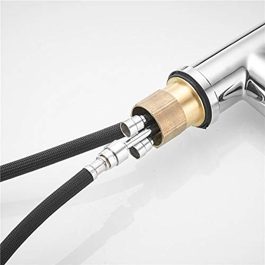 Braided hose connector with brass insert and chrome fitting, designed for secure faucet hookup.