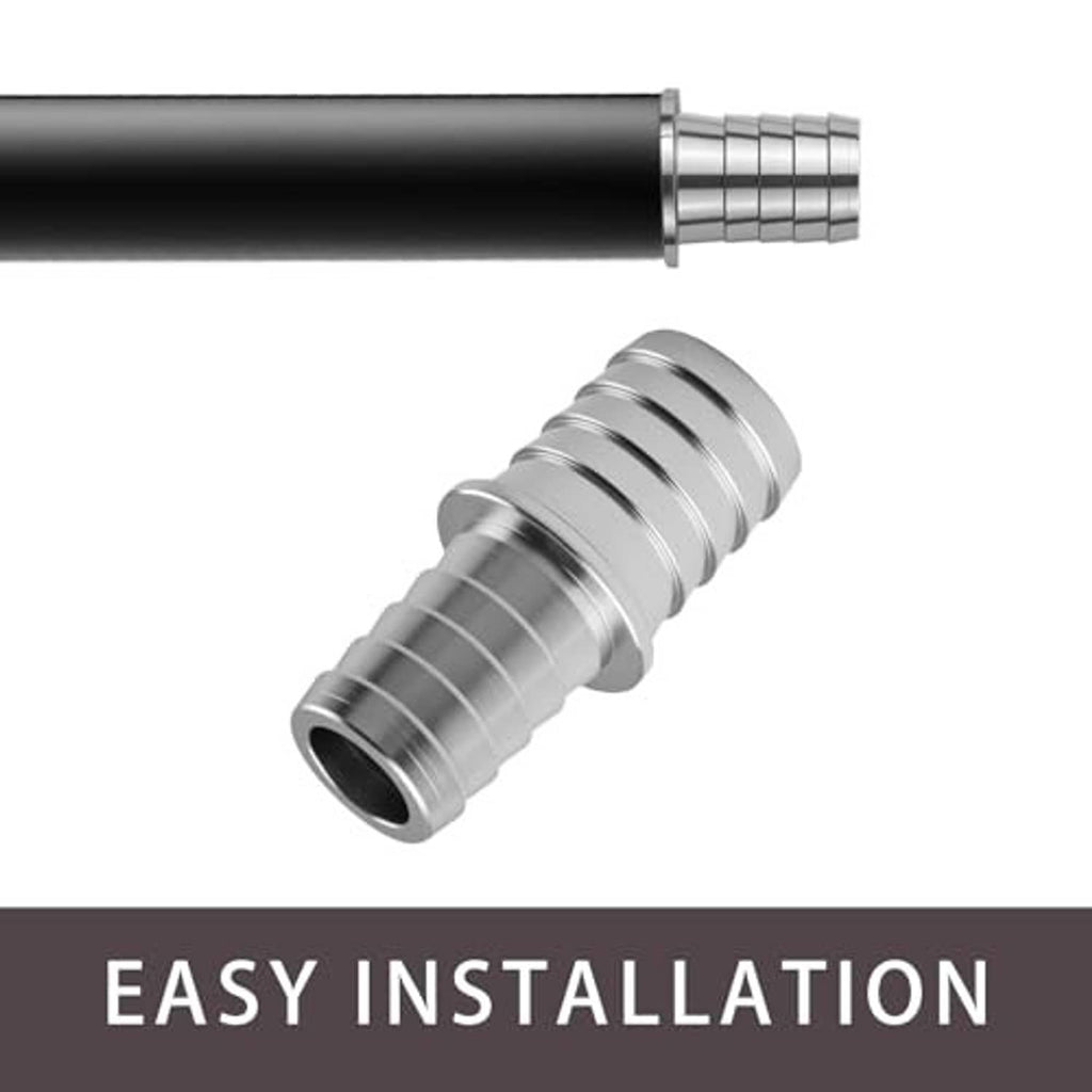 Aluminum radiator hose connector barbs joining two hose ends, silver ribbed coupling