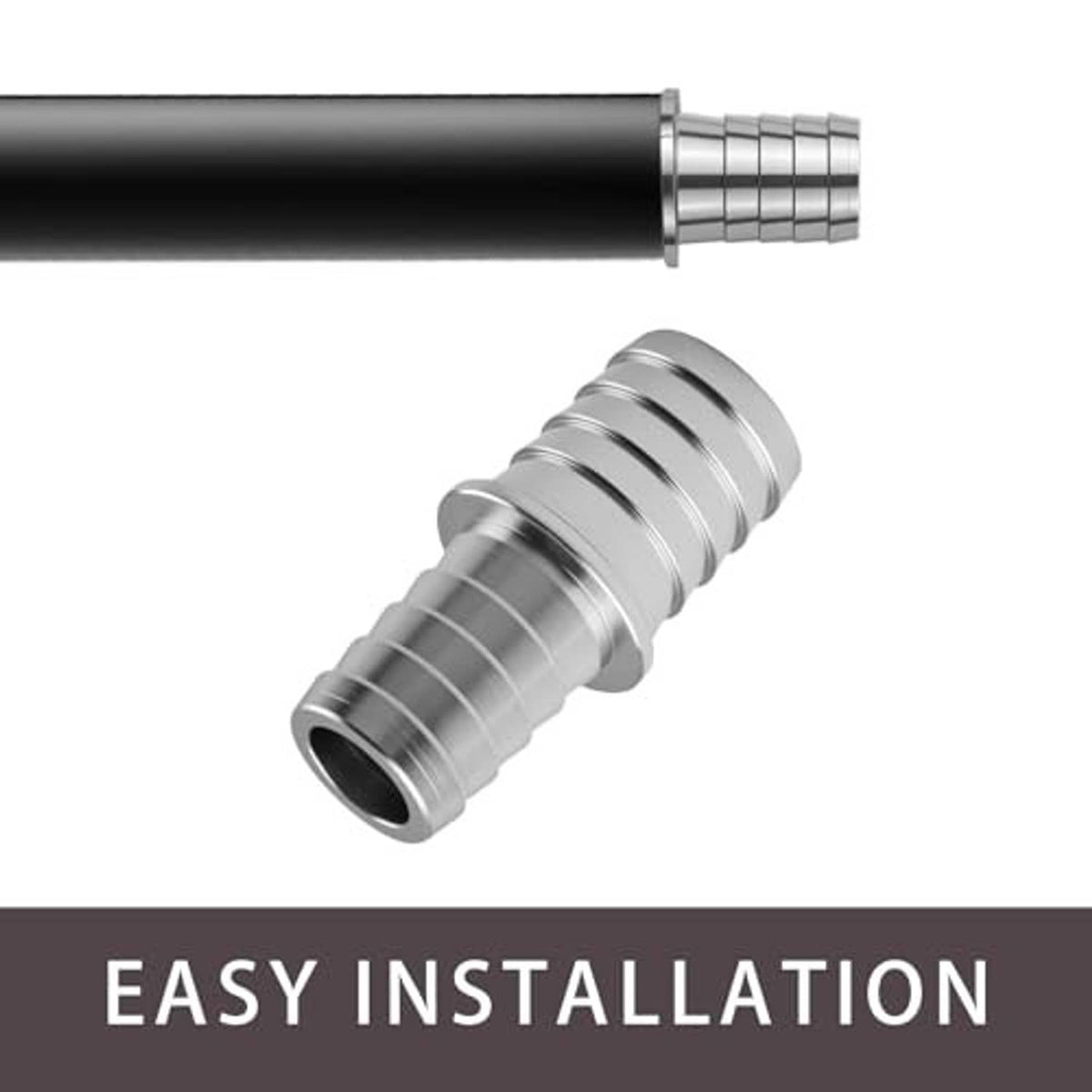 Aluminum radiator hose connector barbs joining two hose ends, silver ribbed coupling