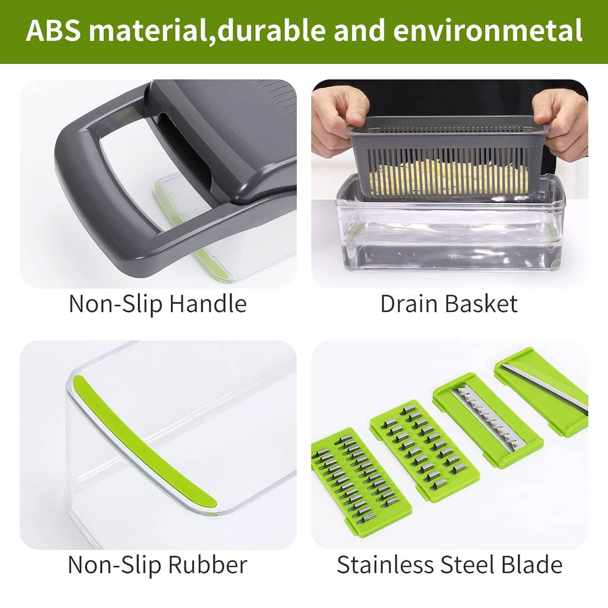 Gray and green vegetable chopper parts: non-slip handle, drain basket, and steel blades