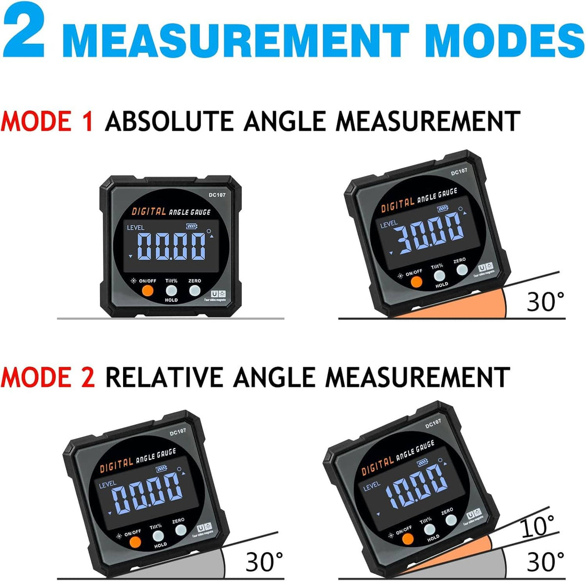 Digital angle finder gauge showing LED angle readings, black case with control buttons
