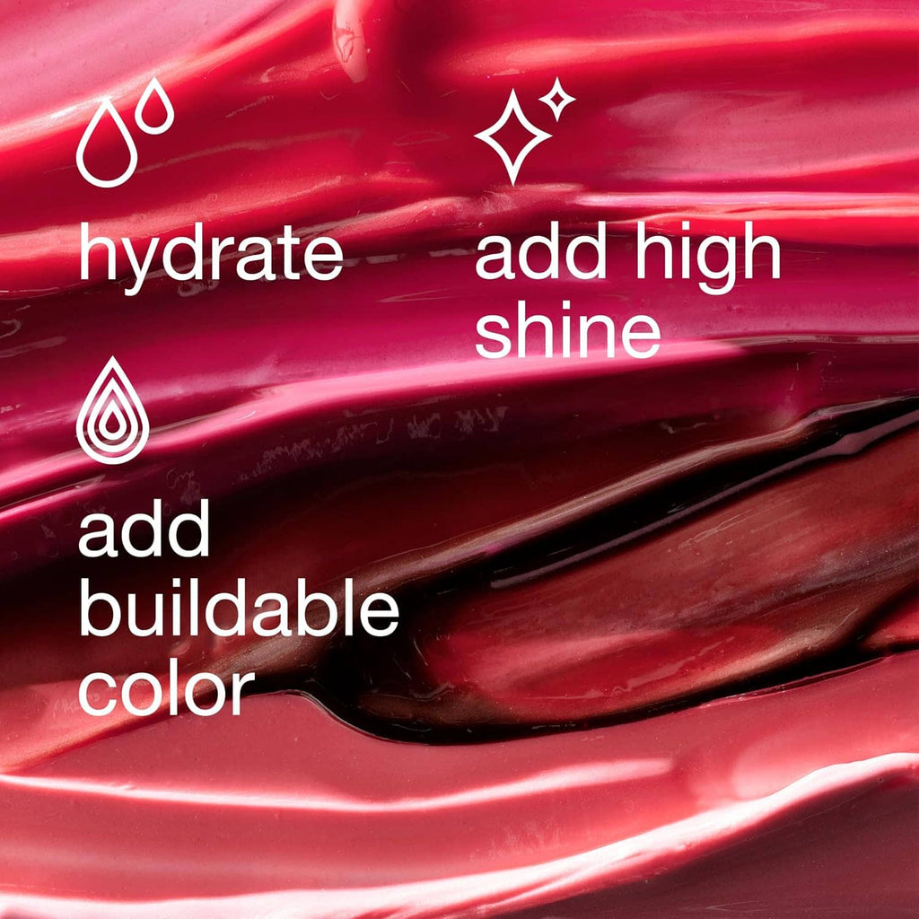 Red lip gloss swirls with high-shine, gel-like texture