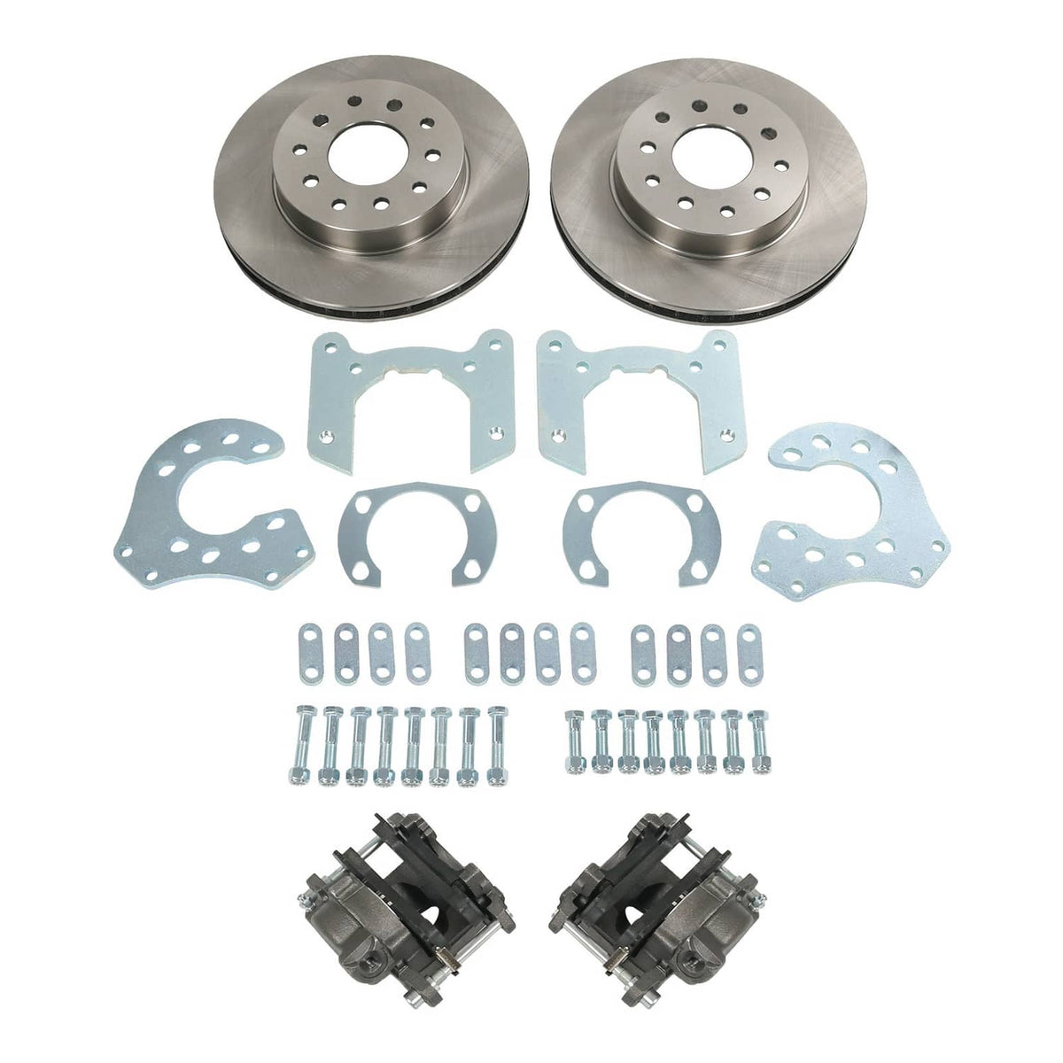 Rear disc brake kit with two drilled rotors, mounting plates, calipers, and hardware set