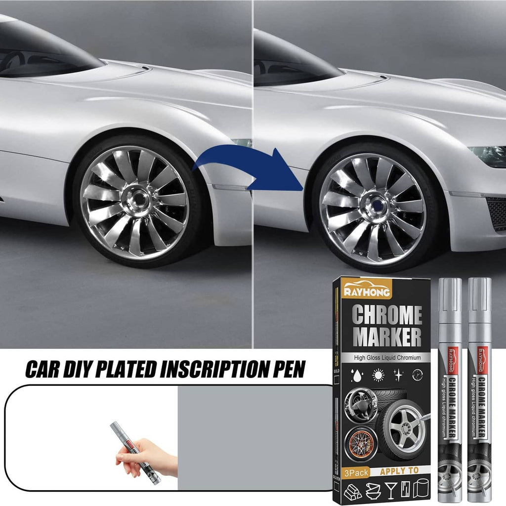Chrome marker pens and box shown with wheel close-up arrows for finish change