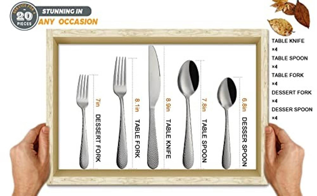 20-piece hammered stainless steel cutlery set box with assorted utensils