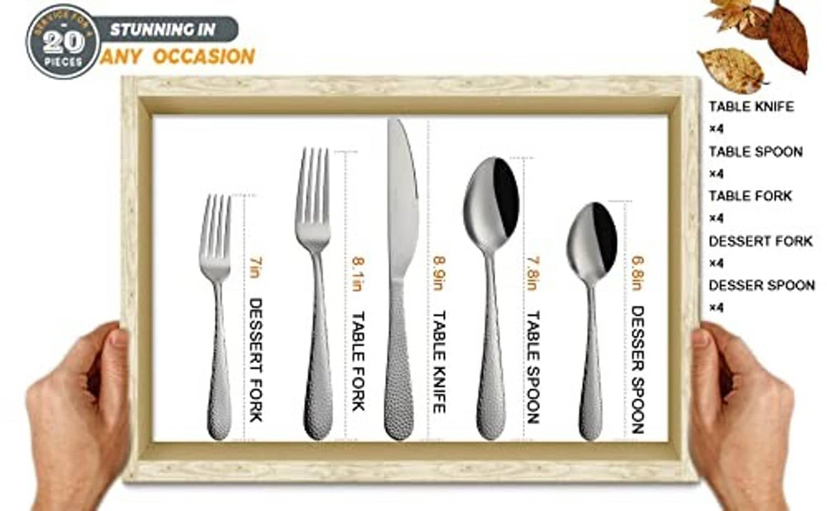 20-piece hammered stainless steel cutlery set box with assorted utensils