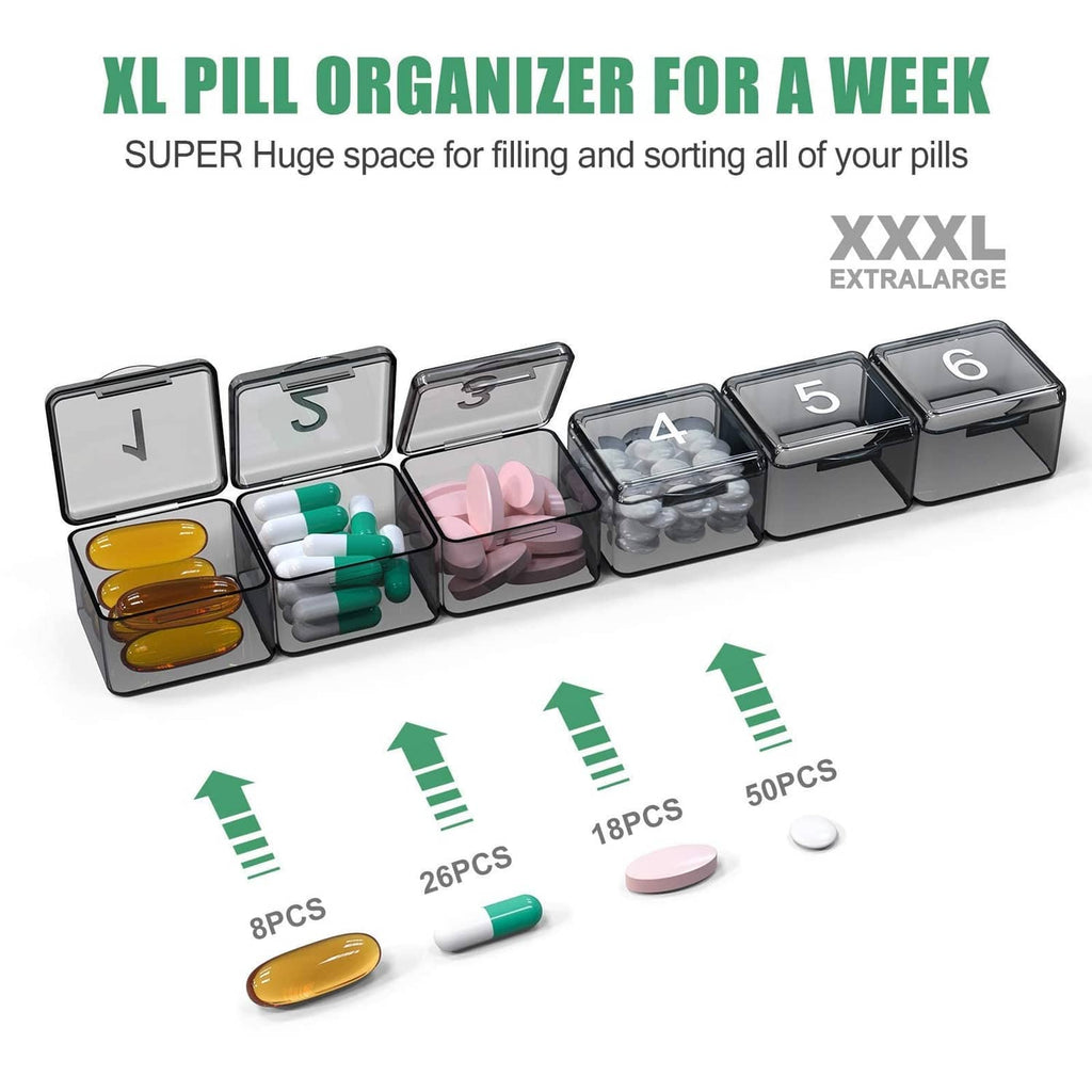 XL daily pill organizer with large compartments and snap-open numbered sections